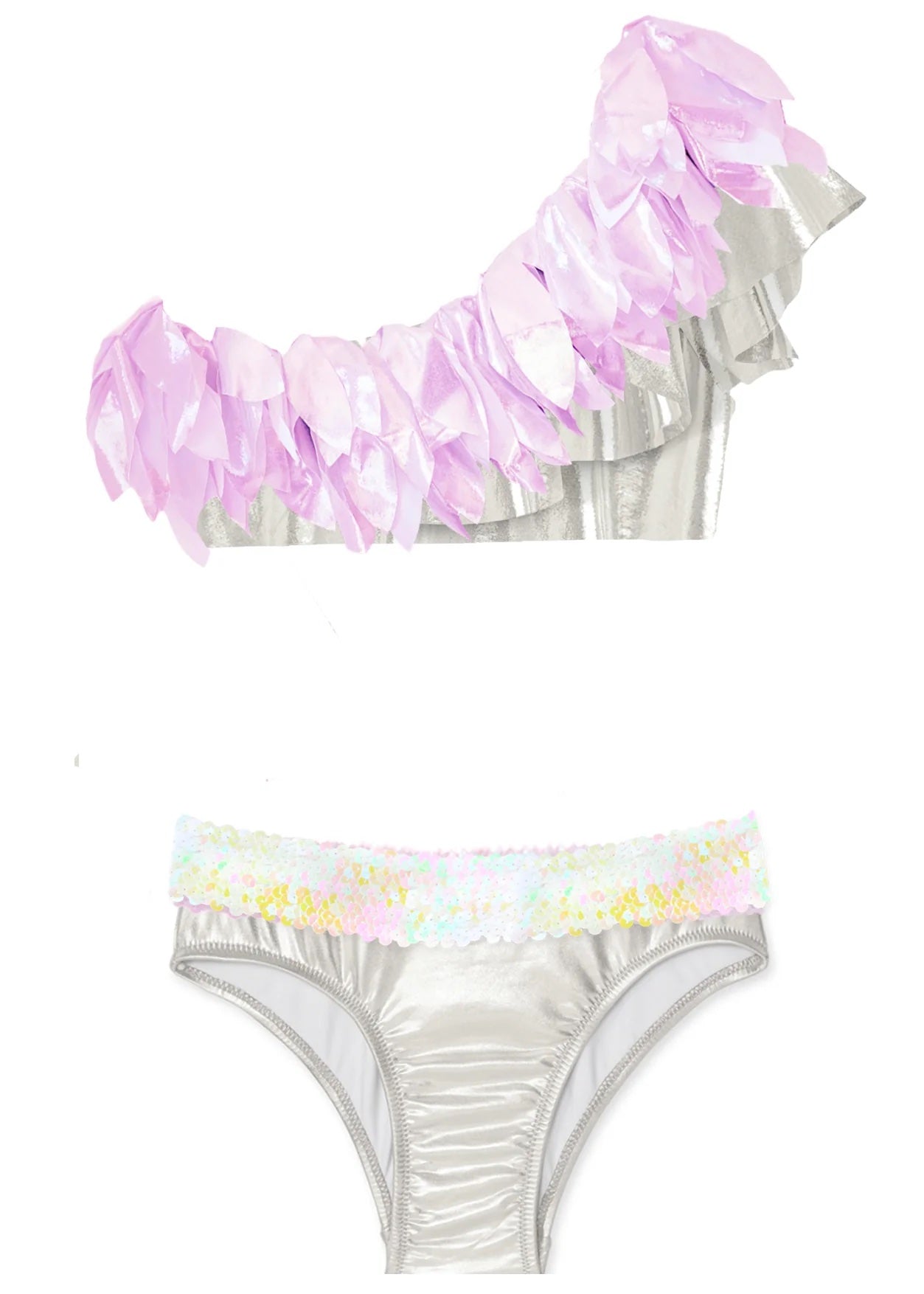 Silver One Shoulder Bikini Light Pink Metallic Petals & Sequin Belt