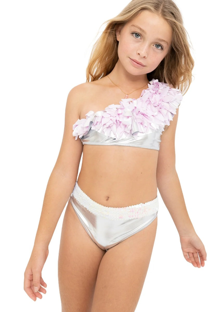 Silver One Shoulder Bikini Light Pink Metallic Petals & Sequin Belt