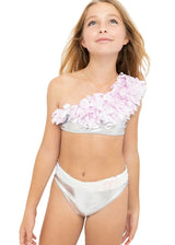 Silver One Shoulder Bikini Light Pink Metallic Petals & Sequin Belt