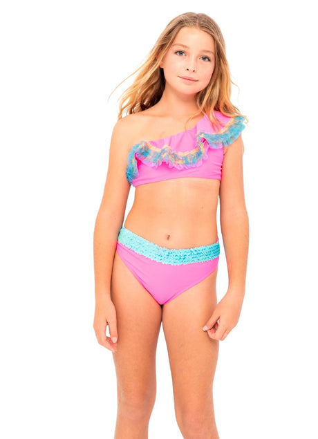 Neon Pink One Shoulder Bikini with Anemone Fringe & Aqua Sequin Belt