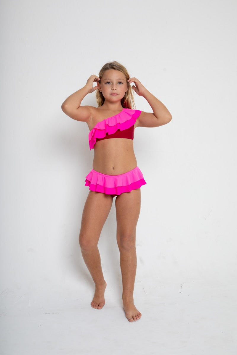 Pink Double Ruffle Bikini one shoulder